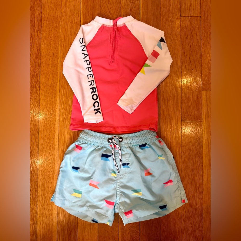 Never Worn Snapper Rock Pink & Light Blue Two-Piece Baby Swim Set | 12-18M